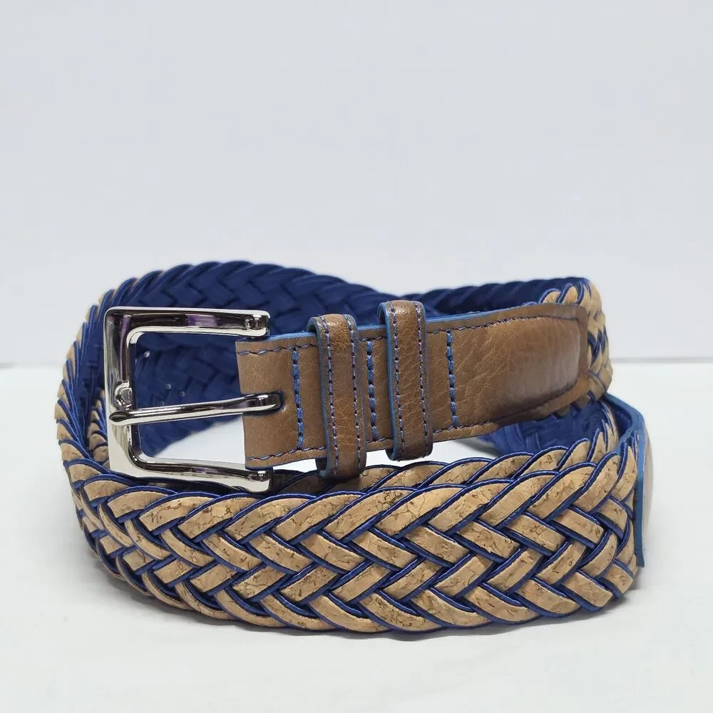 Torino Men’s 52 Woven Leather Belt Cork Fabric Weave Made In USA Cobalt Blue/Tan
